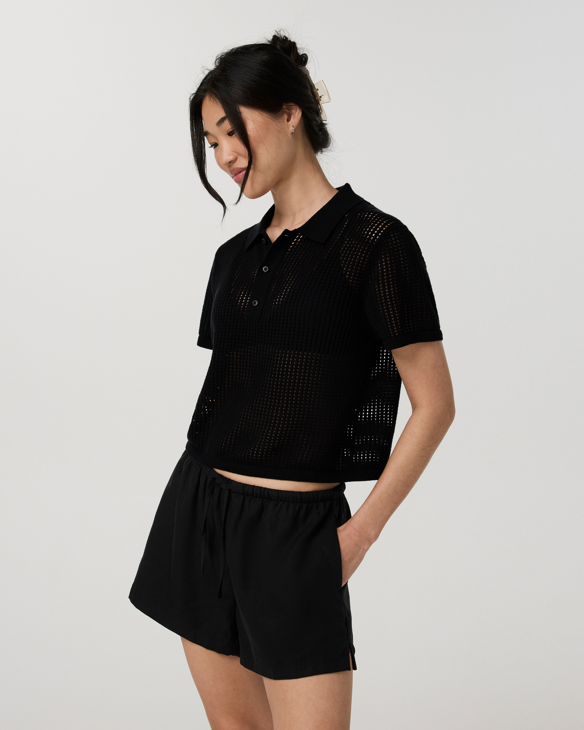 Short Sleeve Knitted Mesh Polo | Black