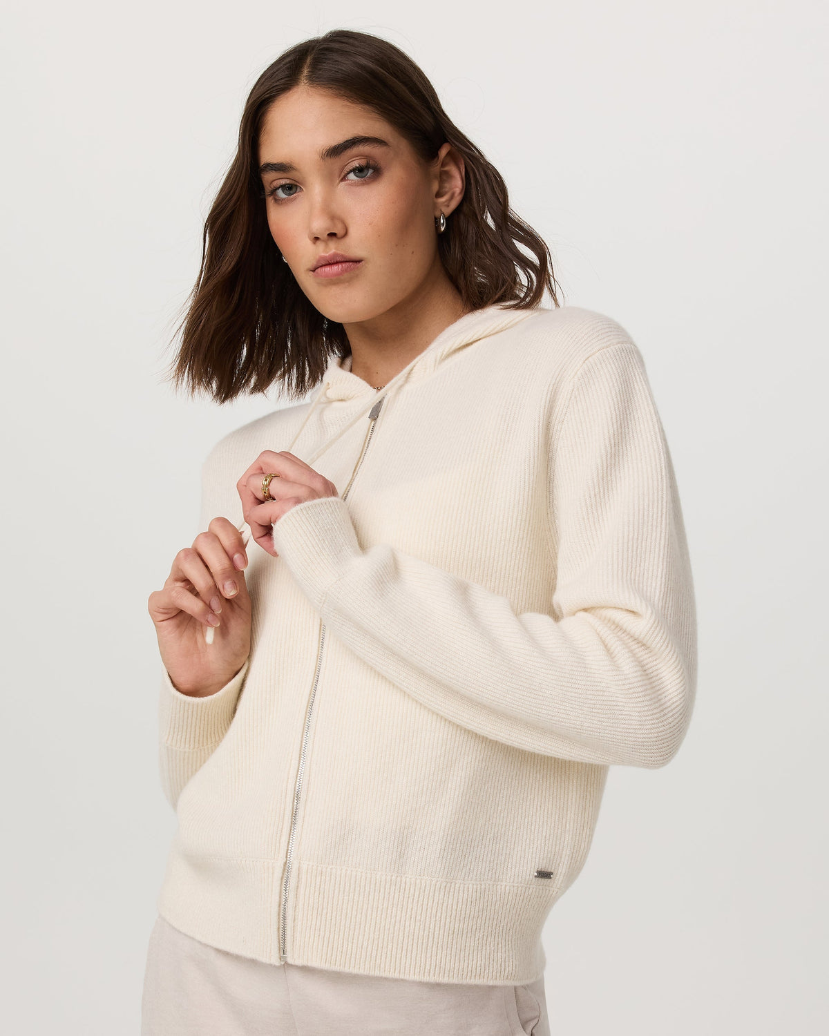 Émilie Full Zip Cashmere Rib Hoodie | Porcelain