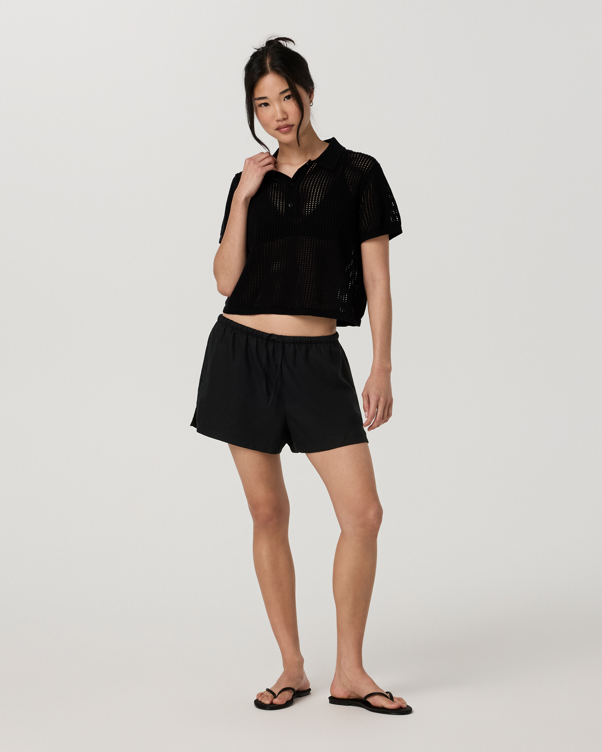 Short Sleeve Knitted Mesh Polo | Black